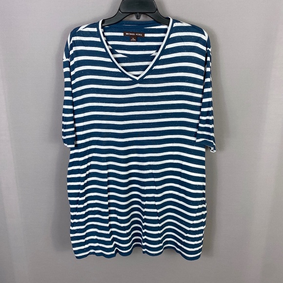 Michael Kors Mens Striped V Neck Tee Shirt in Speckled Navy Size XL - Picture 1 of 5